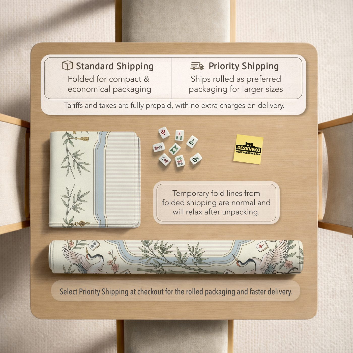Folded and rolled Mahjong mat shipping options